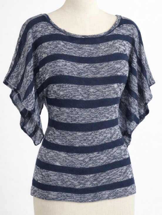 Vintage Sweaters - Vintage 90s Papaya Striped Knit Top Angel Sleeve Small Navy Space Dye Y2K